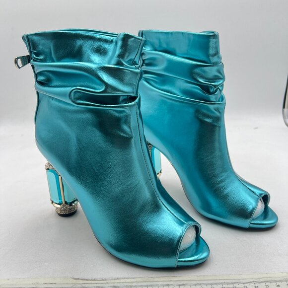 FSJ Turquoise Peep Toe Slouch Ankle Boots Chunky Stacked Heels Party Prom Shoes - Picture 4 of 8